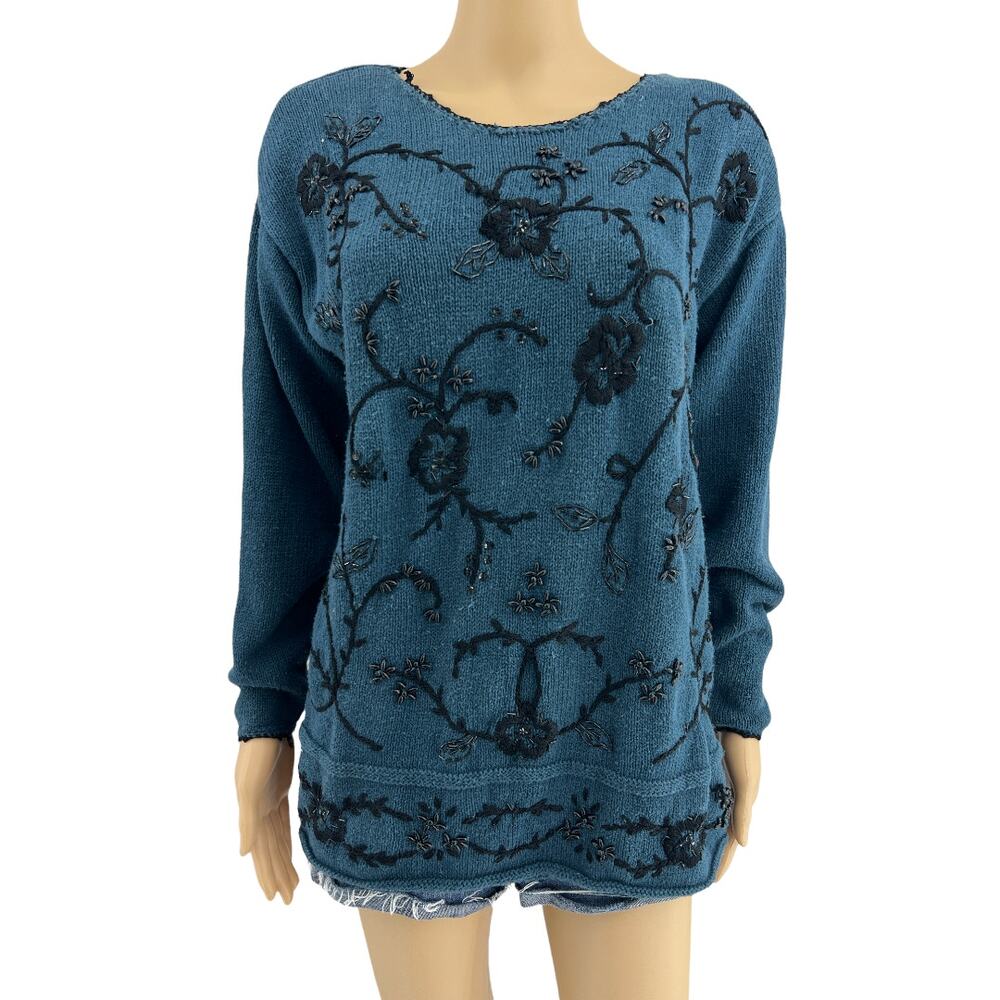 Vtg 90s Worthington Blue Floral Beaded Embroidery Sweater Knit Grandmacore L